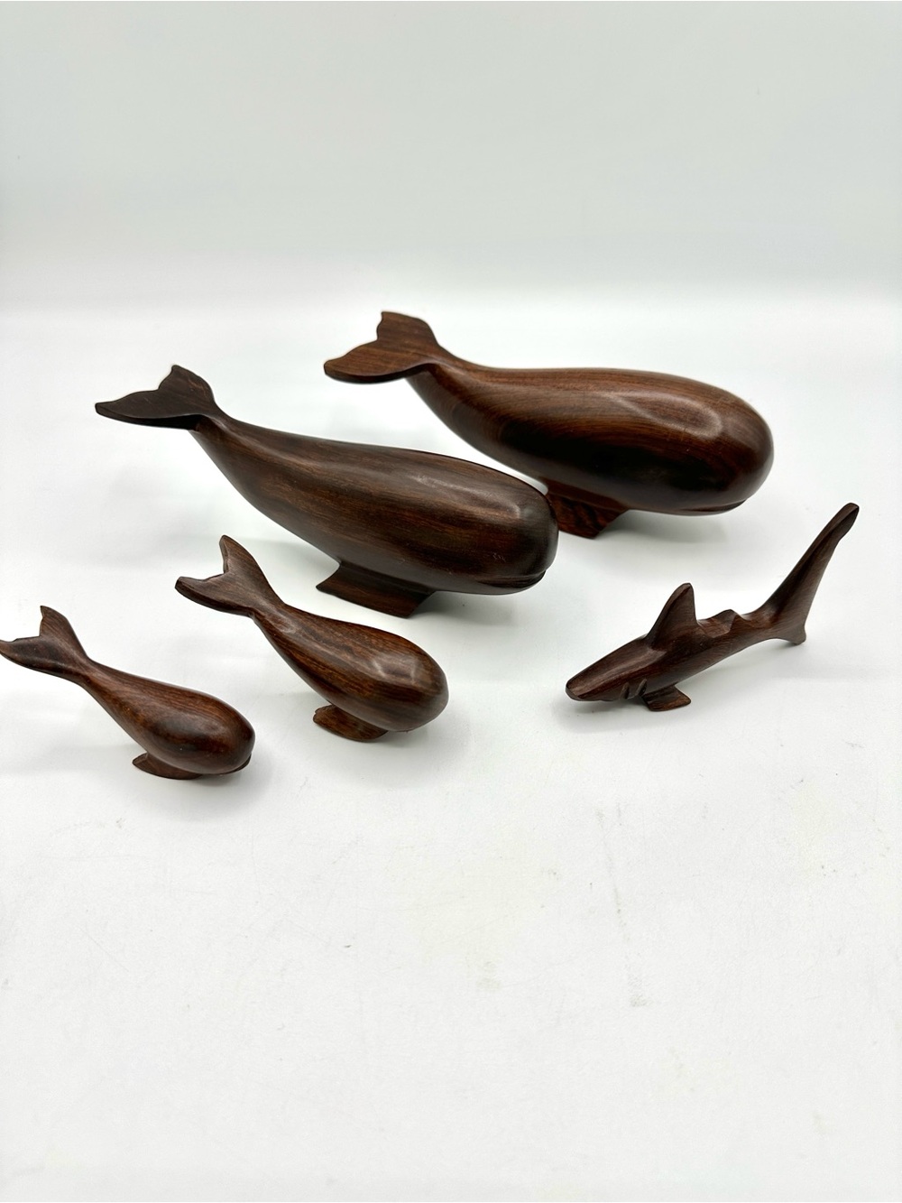 5 pc Ironwood; Set of Whales in 4 sizes & A Shark
